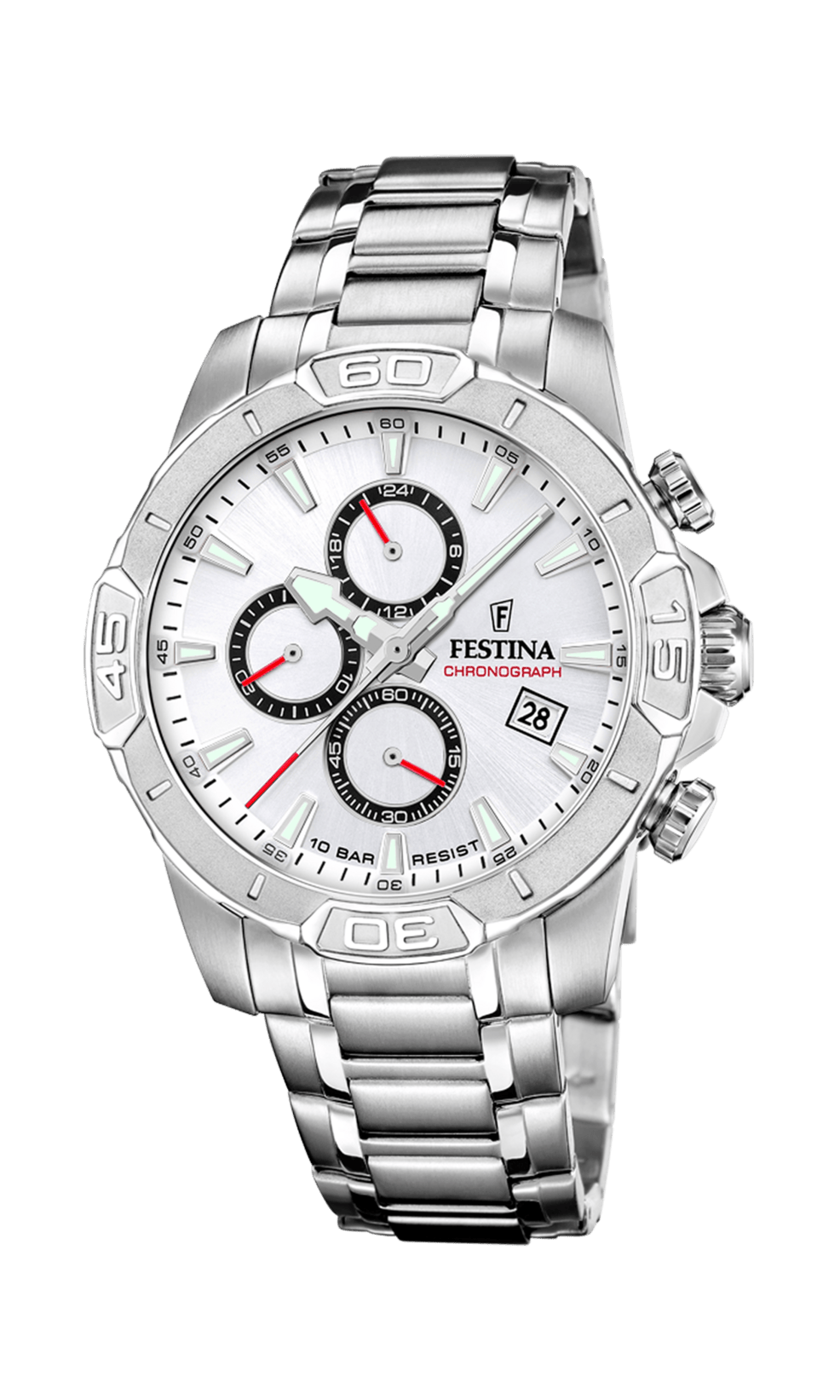 Montre Festina Chronograph F20704/1 Blanc, Bracelet Acier, Homme